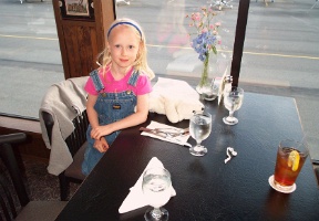 Johanna waiting for dinner at the Skagit Regional airport restaurant in Burlington, WA