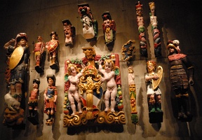 Replicas of some of the ship's sculptures that have been painted in what are believed to be the original colors.